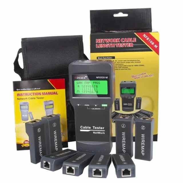All-in-one network cable tester with multiple accessories including instruction manual and remote mapping units, displayed against a neutral background.